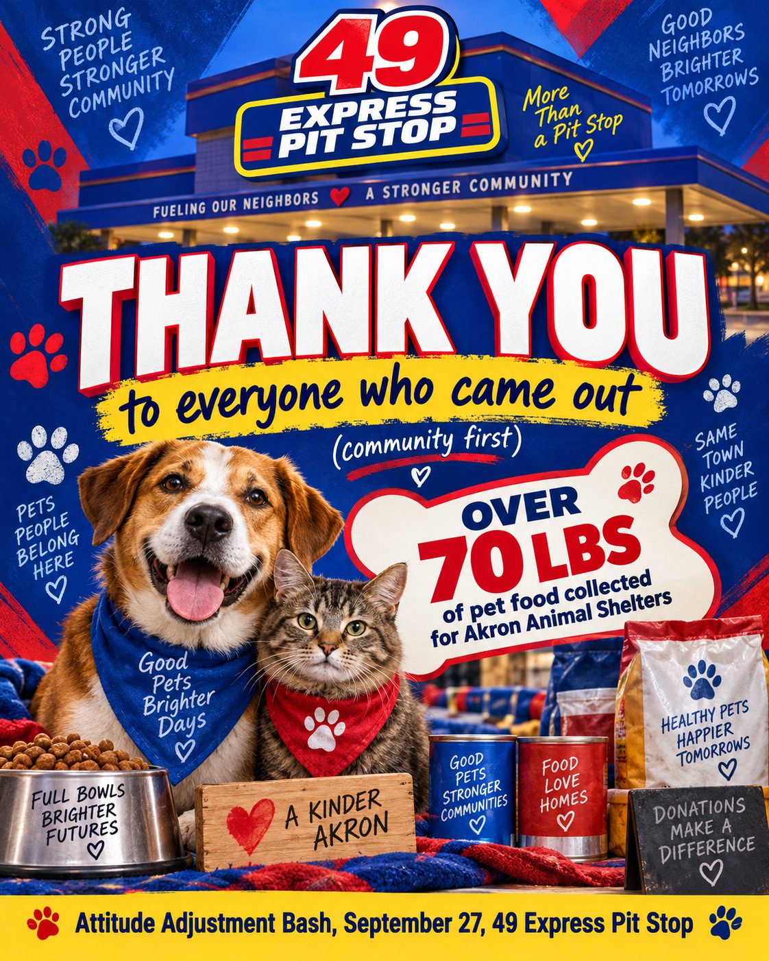 Thank you graphic from 49 Express Pit Stop: thank you to everyone who came out — over 70 lbs of pet food collected for Akron Animal Shelters at the Attitude Adjustment Bash, September 27, 49 Express Pit Stop