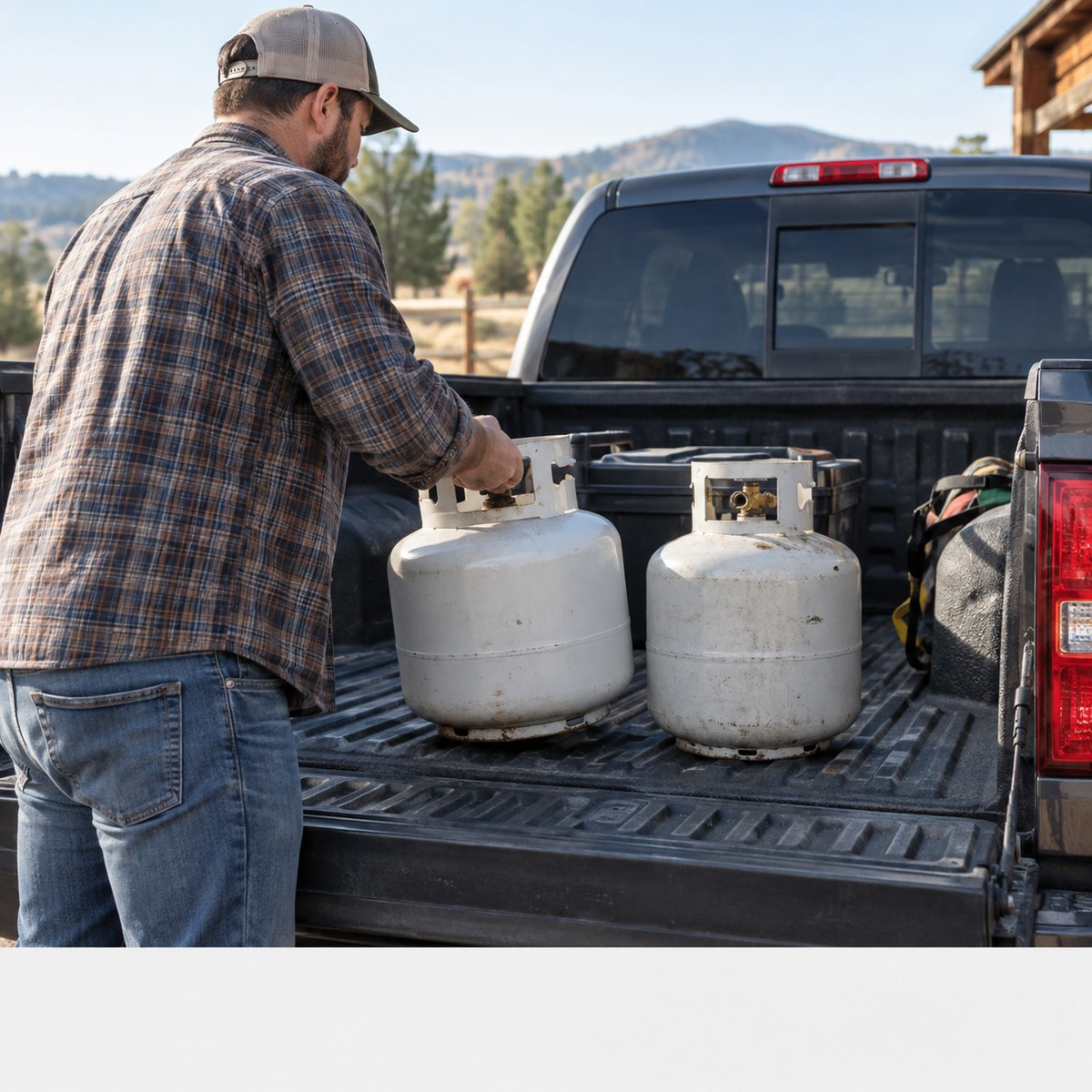 Portable propane tanks in a pickup truck bed ready for fill at 49 Express Pit Stop